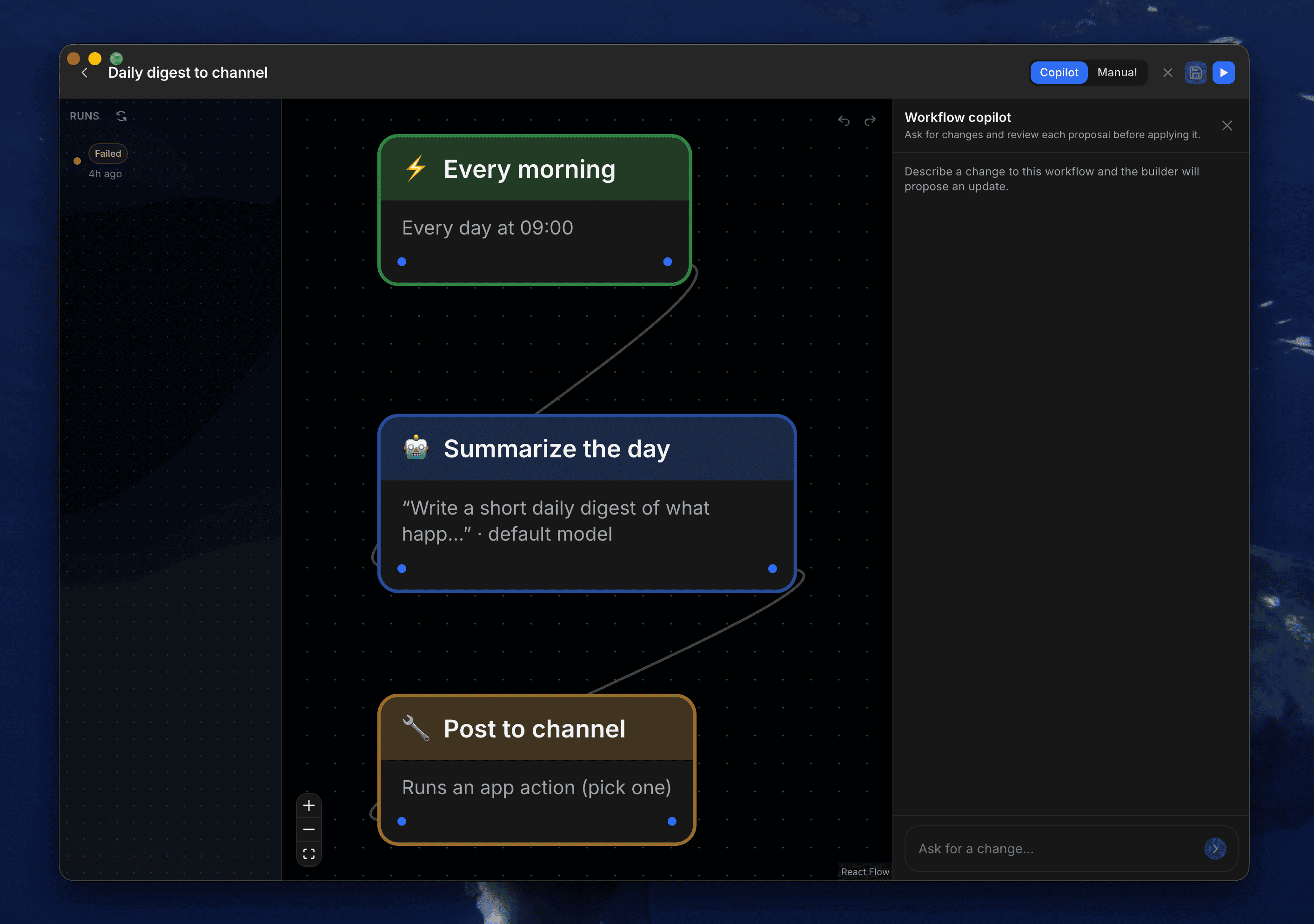 The OpenHuman workflows view, tracking agents executing a workflow