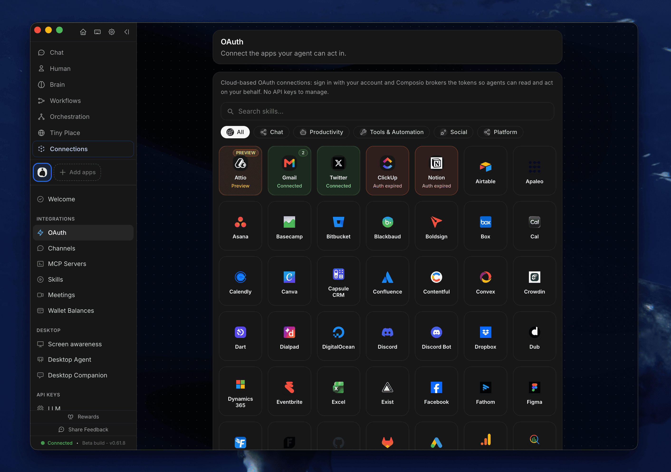 Medulla planning a run and delegating steps across multiple agents, with a list of connected apps