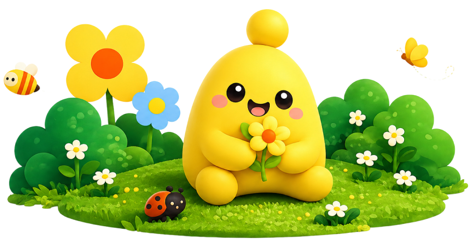 A cheerful yellow TinyHumans character sitting in a meadow